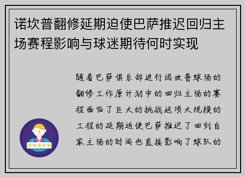 诺坎普翻修延期迫使巴萨推迟回归主场赛程影响与球迷期待何时实现